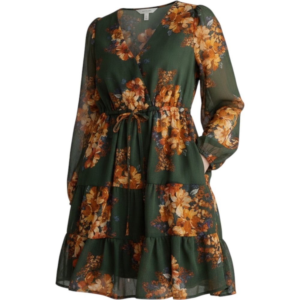 Altar'd State Tristan Dress Womens L Green Floral Faux Wrap Tiered Boho
